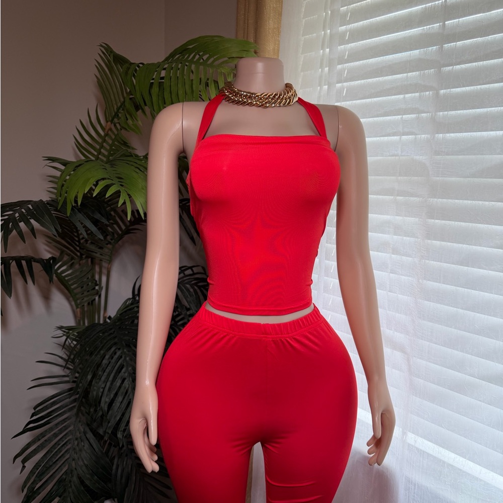 Red Two-Piece Halter Crop Top & High-Waist Leggings Set